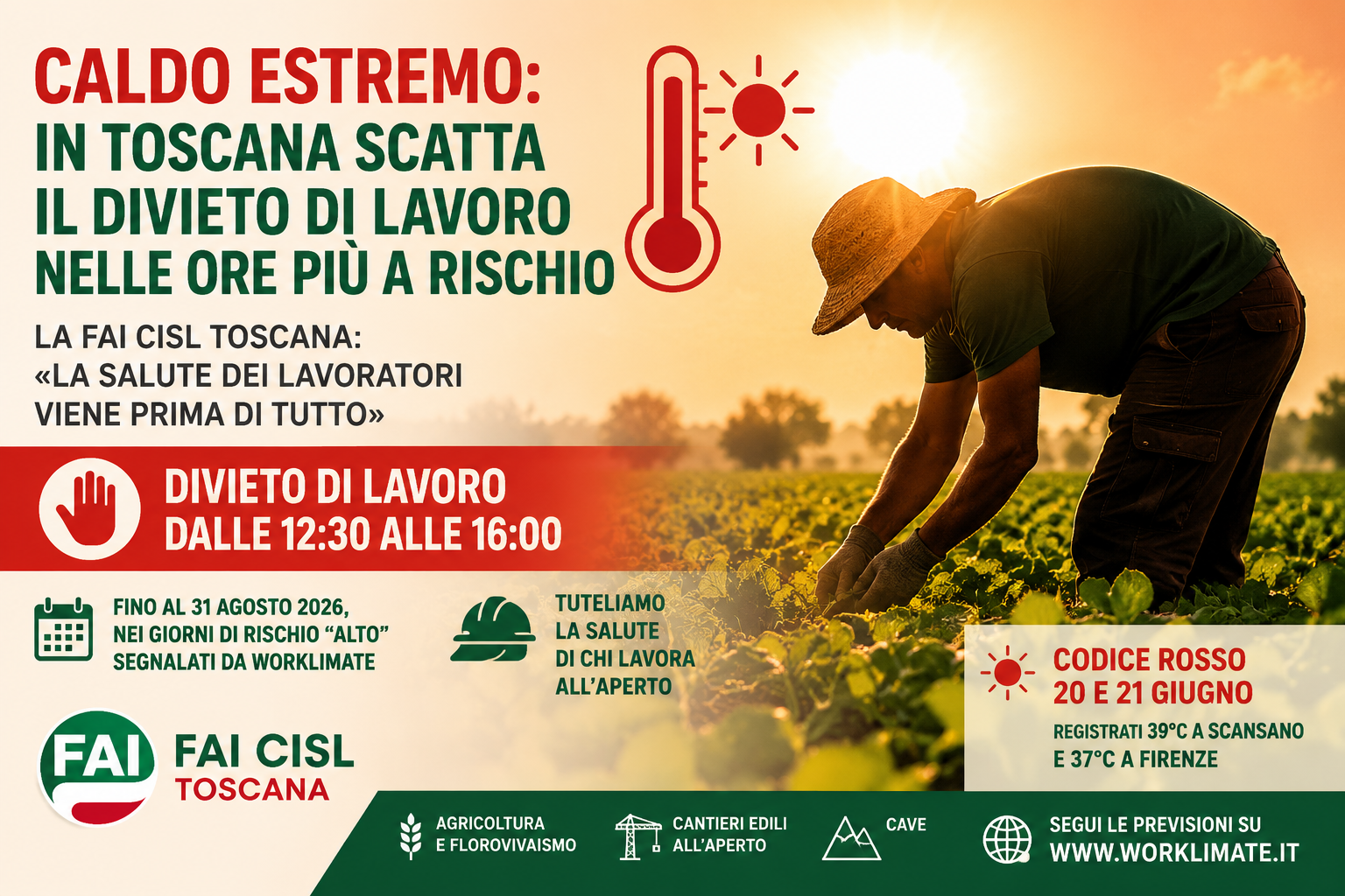 Caldo estremo: in Toscana scatta il divieto di lavoro nelle ore più a rischio. La FAI CISL Toscana: «La salute dei lavoratori viene prima di tutto»