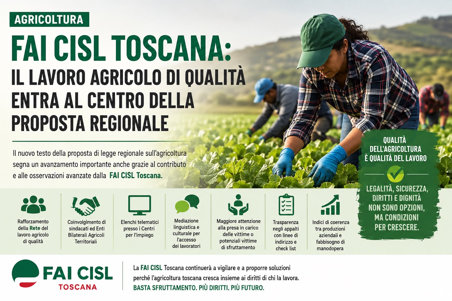 Agricoltura, FAI CISL Toscana: il lavoro agricolo di qualità entra al centro della proposta regionale